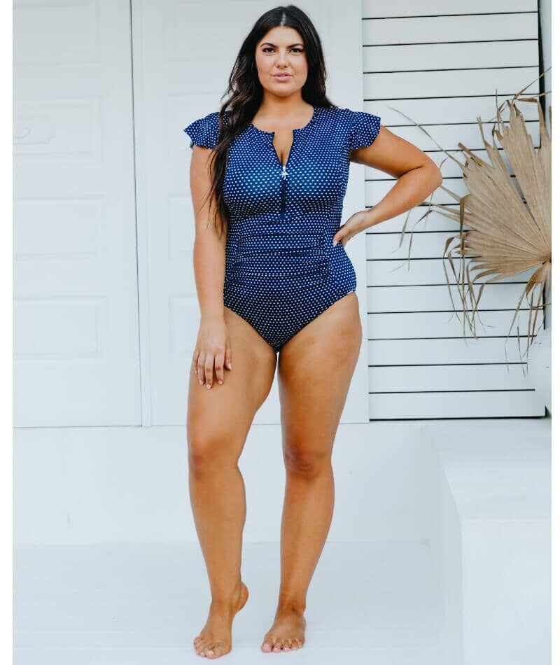 Capriosca Frill Sleeve One Piece Swimsuit - Navy & White Dots - Image 4