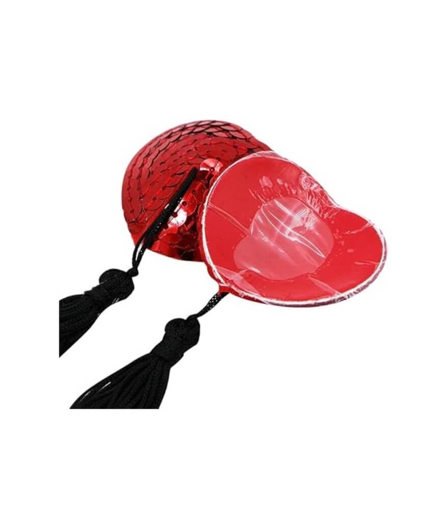 Curvy Heart Sequin with Tassel Nipple Covers - Red/Black - Image 2
