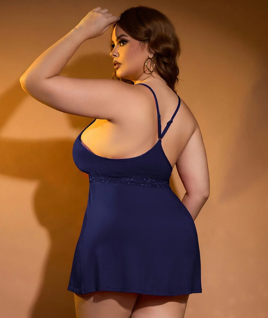 Curvy Modal Lace Deep V-Neck Suspender Nightdress - Blue - Image 6