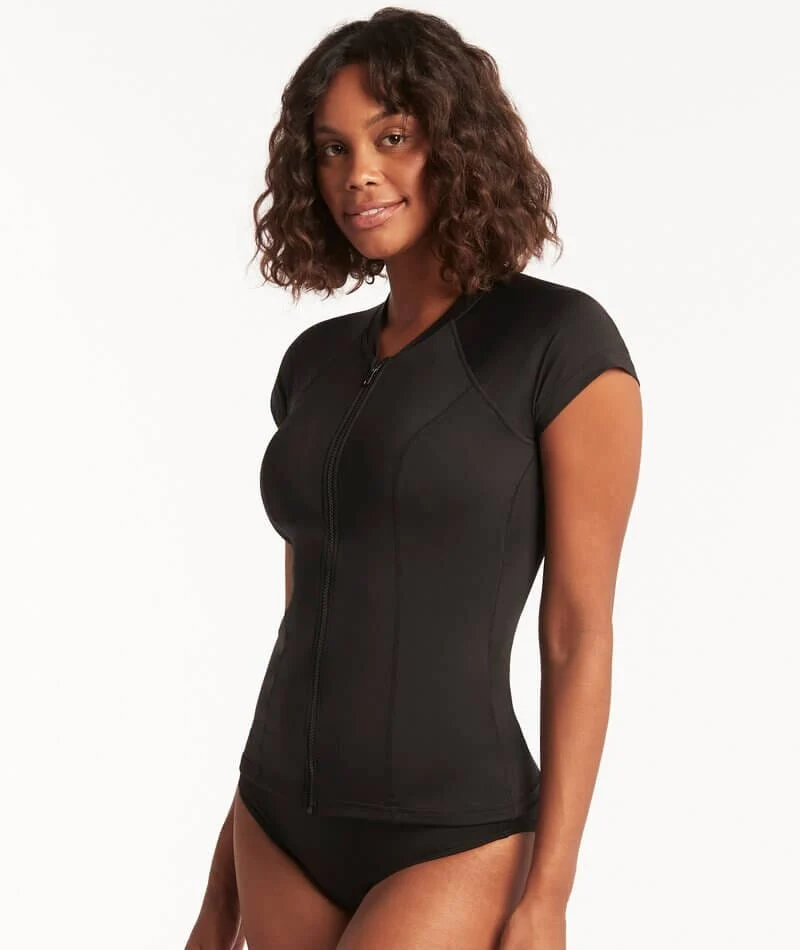 Sea Level Eco Essentials Short Sleeved A-DD Cup Rash Vest - Full Zipper - Black - Image 4